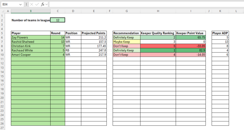 fantasy football keeper calculator screenshot